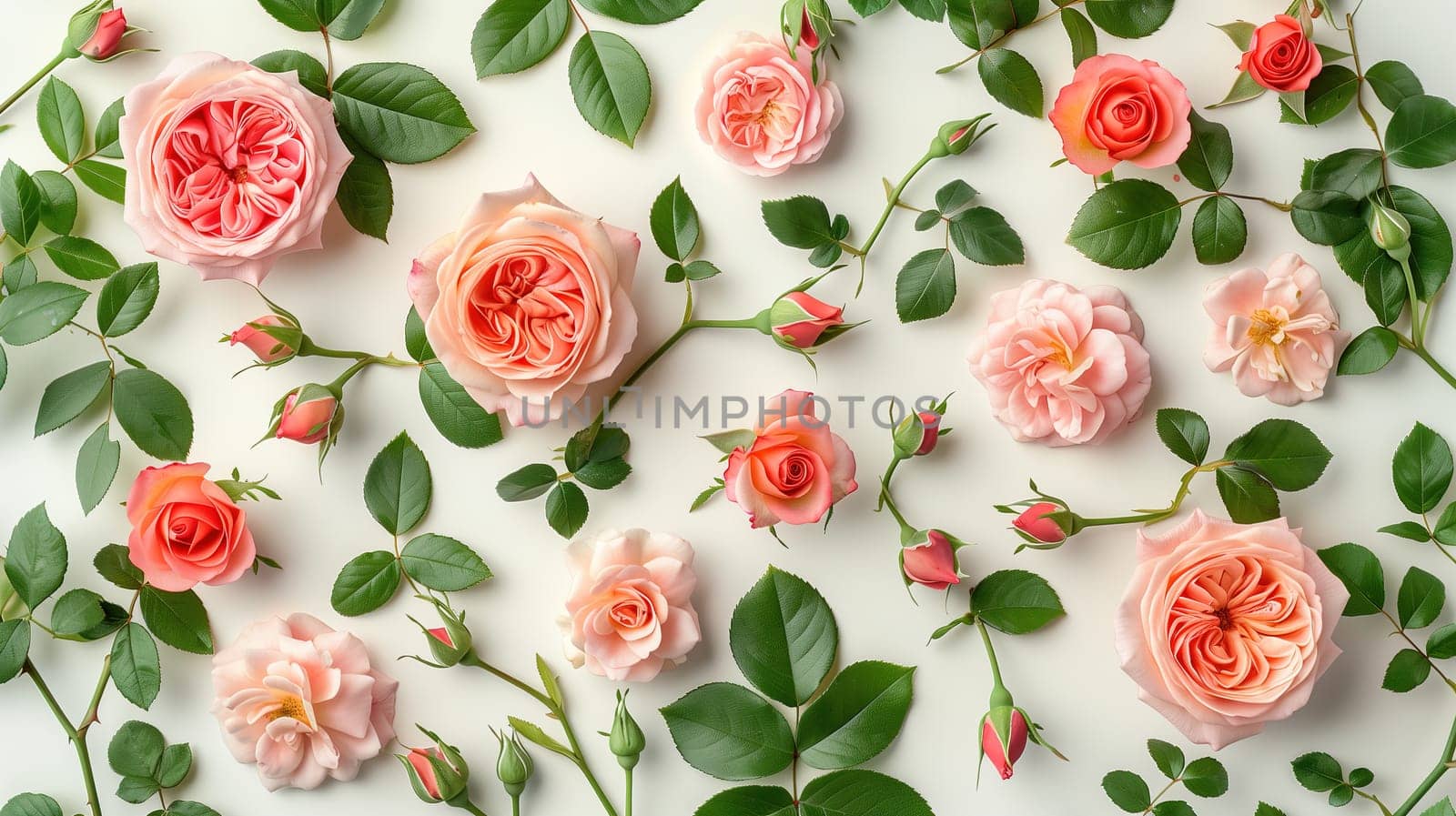 A collection of pink roses arranged on a plain white surface, showcasing the beauty of the delicate flowers in full bloom.