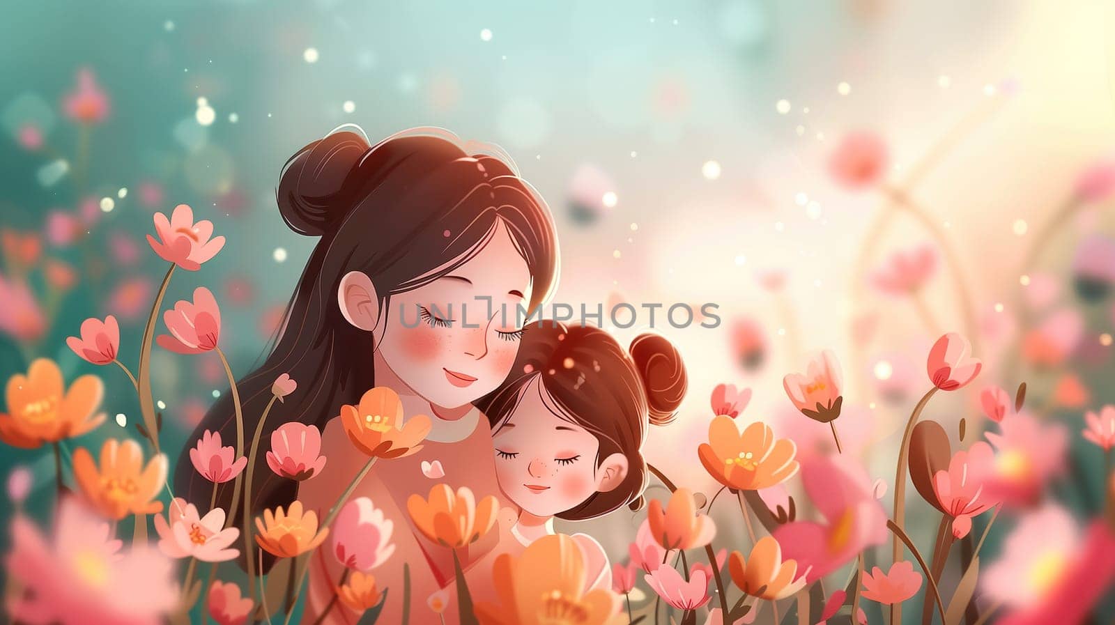 Woman Holding Child in Field of Flowers by TRMK