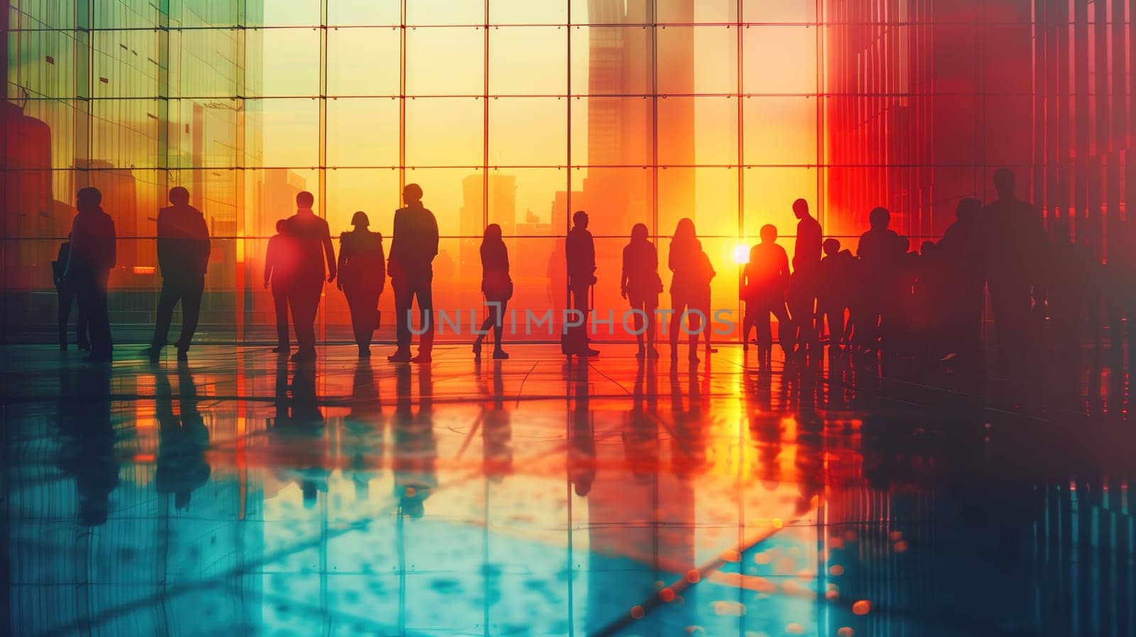 A group of corporate professionals is silhouetted against the vibrant hues of a sunset, reflecting off the glossy floors and transparent walls of a contemporary glass building, conveying a sense of business collaboration and ending of the workday.