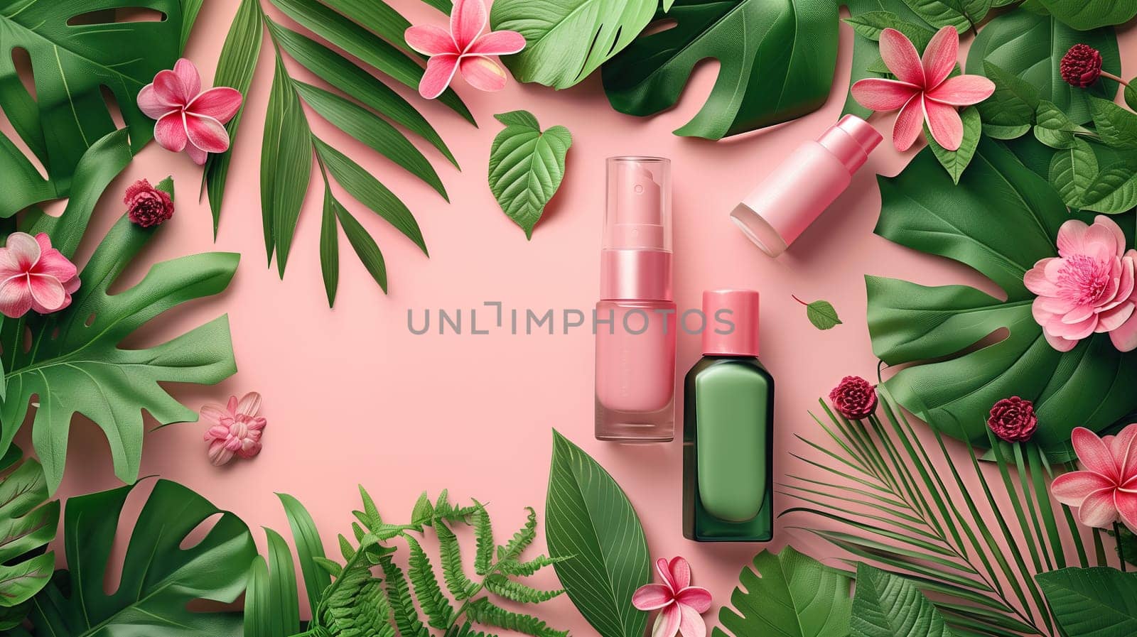 Pink Background With Pink Flowers and Green Leaves by TRMK