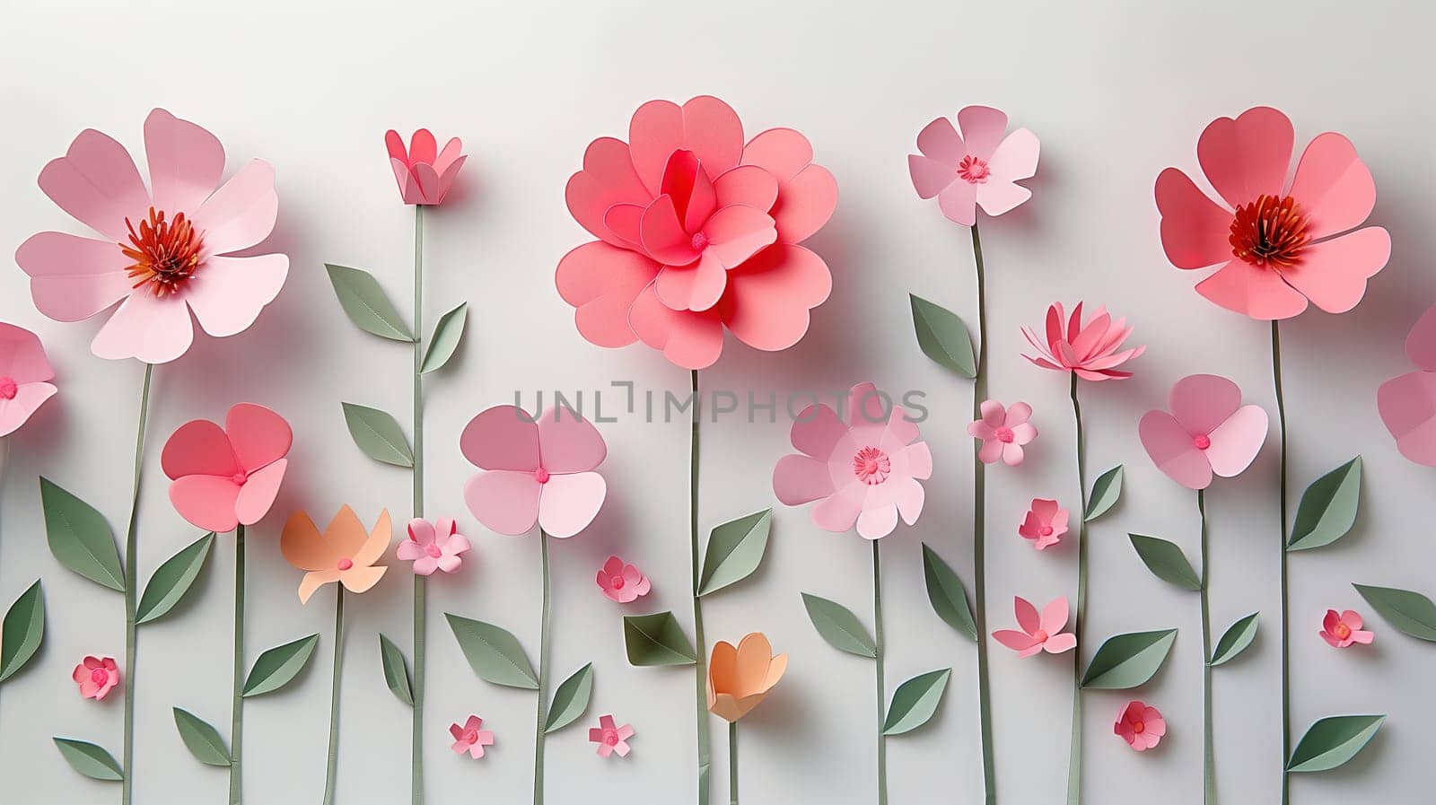 A collection of paper flowers hanging on a white wall. The colorful blooms stand out against the clean backdrop, creating a visually striking scene.