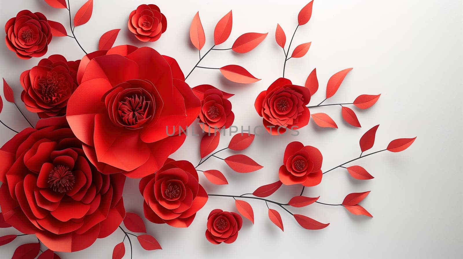 A cluster of vibrant red paper flowers arranged neatly on a clean white background. The flowers are intricately crafted and bring a pop of color to the scene.