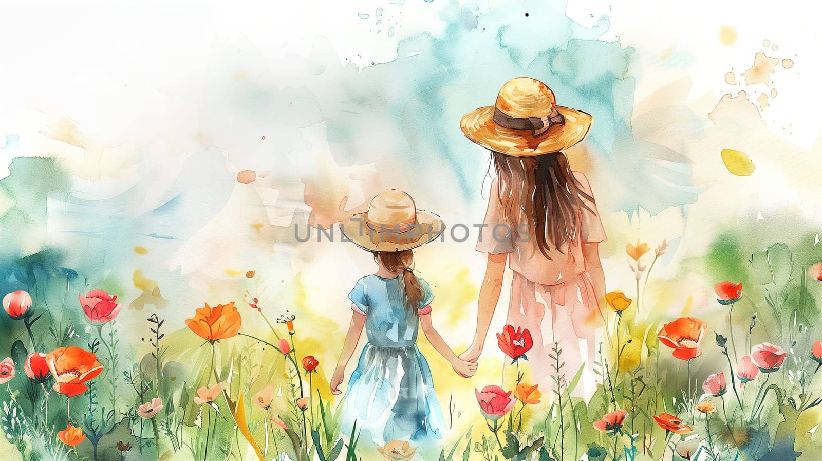 Two girls, wearing dresses, are strolling through a vibrant field of colorful flowers. The girls are hand in hand, enjoying the beauty of the surroundings under the clear sky.