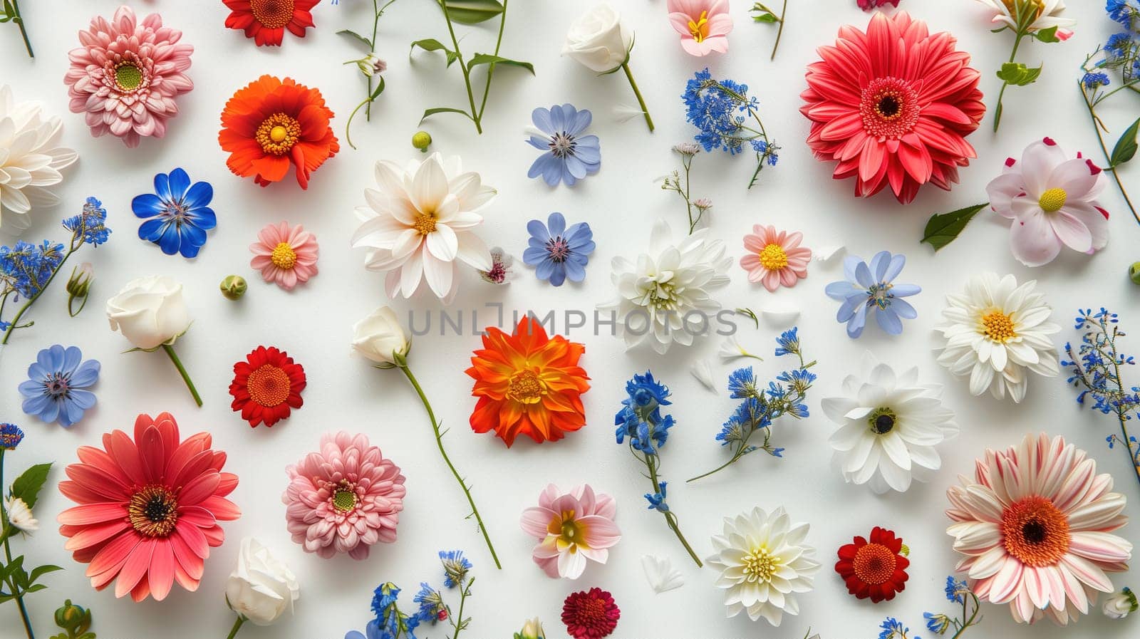 A cluster of various colored flowers, including roses, daisies, and tulips, are spread out on a clean white table. Each bloom showcases vibrant hues and unique shapes, creating a visually appealing display.