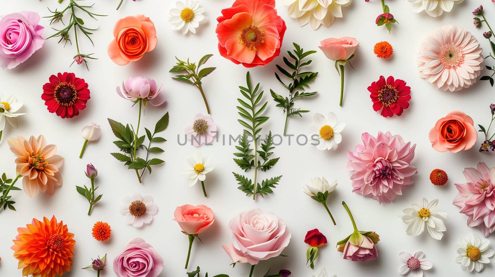 A collection of diverse, bright flowers and greenery is spread out in a decorative pattern, presumably as part of the decor for an International Mothers Day concert celebration. The assortment presents a variety of textures and tones, evoking a festive and appreciative mood to honor mothers worldwide.