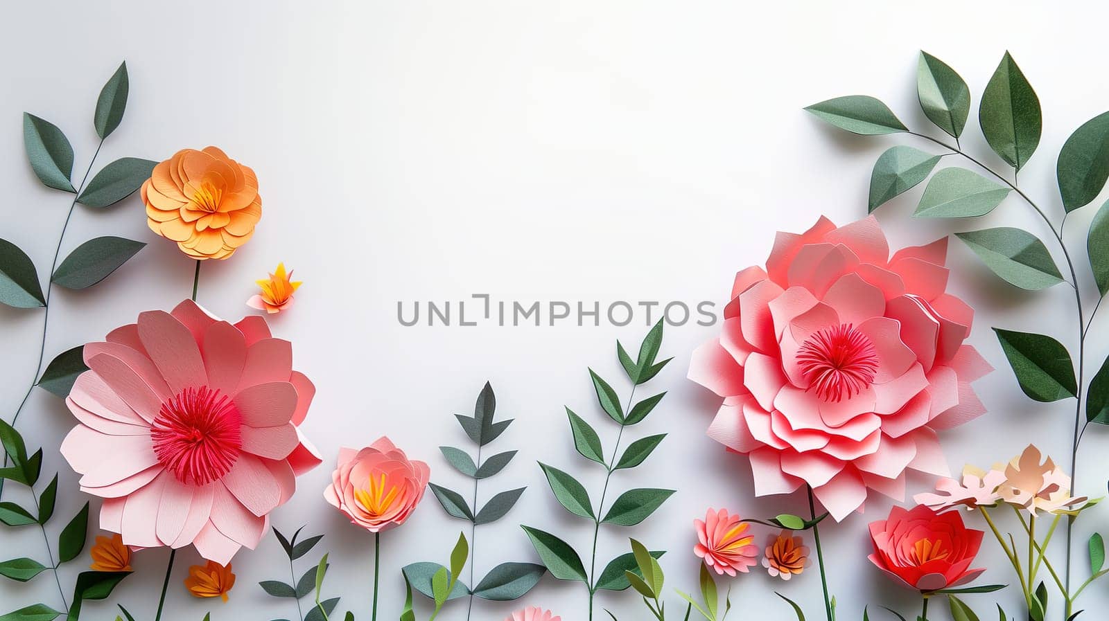 A group of intricately crafted paper flowers arranged on a plain white wall, creating a colorful and decorative display. Each flower varies in size and color, adding a touch of whimsy to the space.