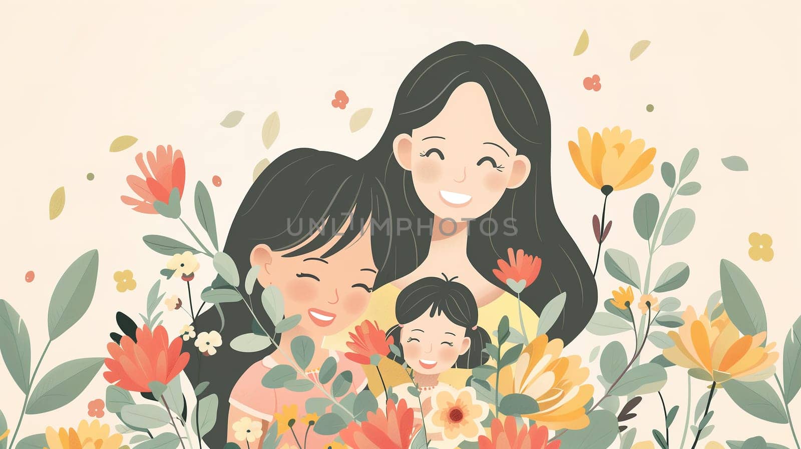 Mother and Two Children Surrounded by Flowers by TRMK