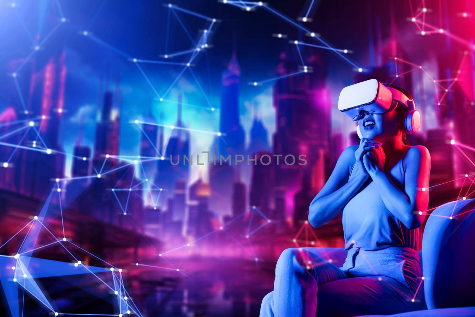 Smart female in virtual reality cyberpunk style building of meta wear VR headset connect metaverse, future cyberspace community technology, She sitting thrilled watching exciting movie. Hallucination.
