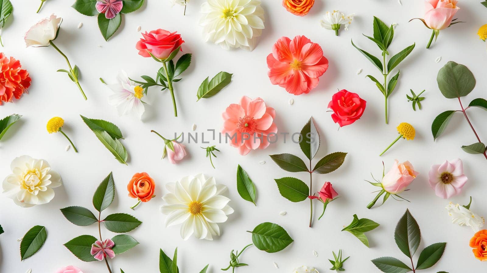 A collection of vibrant flowers in different hues scattered on a clean, white background. Each flower showcases its unique colors and shapes, creating a visually striking composition.