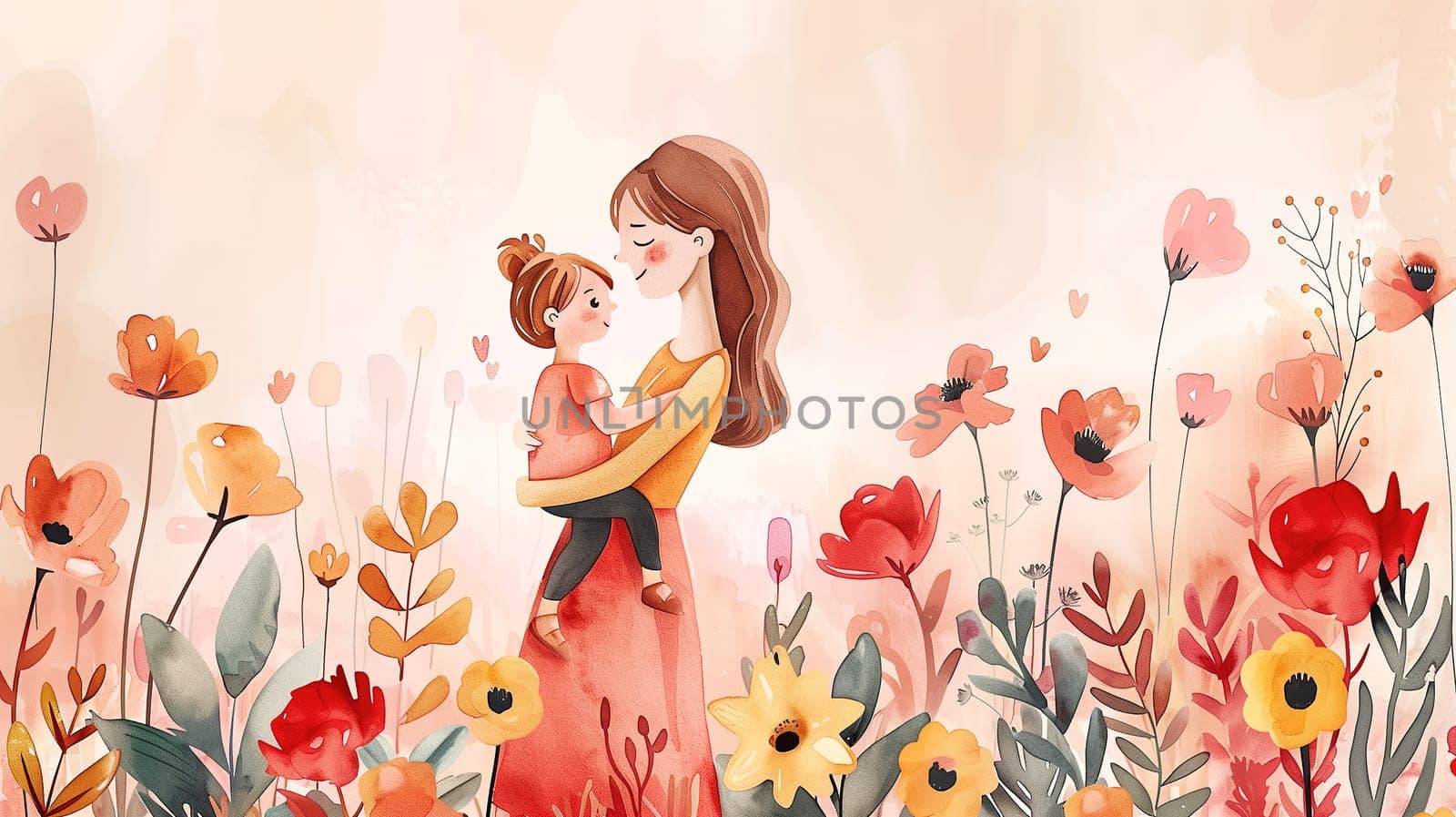 A woman is standing in a field of colorful flowers, gently cradling a child in her arms. Both mother and child are surrounded by a sea of vibrant blooms, creating a heartwarming scene of love and tenderness on a sunny day.