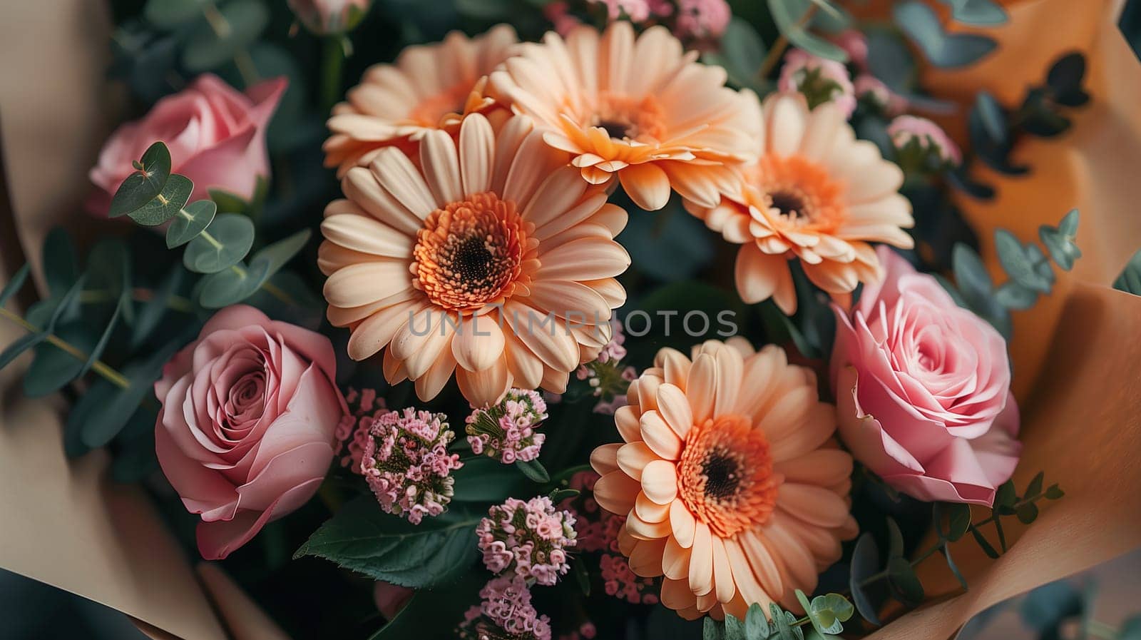 A bouquet of pink and orange flowers rests on top of a wooden table, showcasing the vibrant colors of the blooms against the neutral backdrop. The flowers are neatly arranged in a harmonious display, adding a touch of beauty to the room.