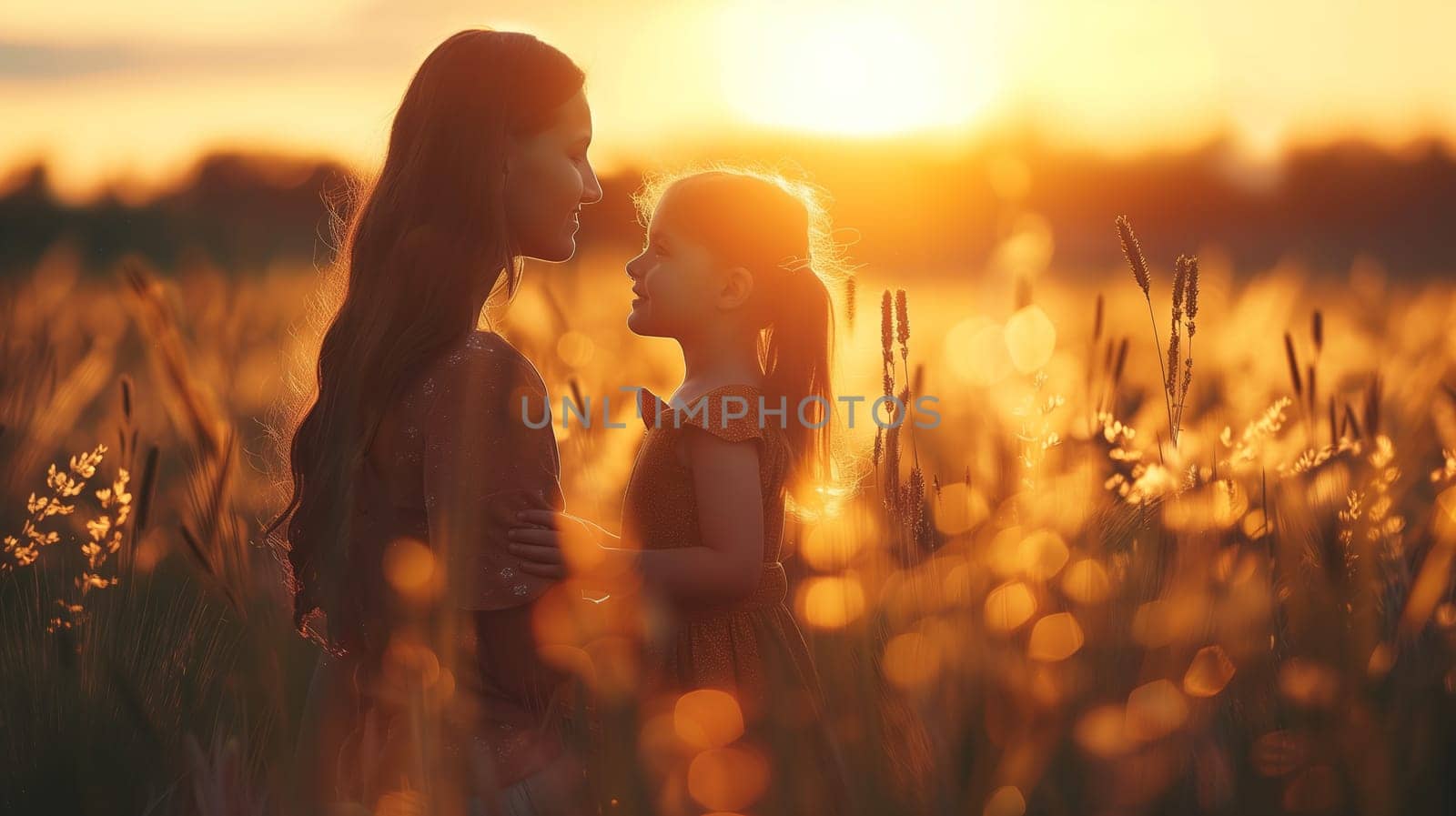 A mother and her daughter are standing together in a field, illuminated by the warm glow of the setting sun. They are looking out towards the horizon, enjoying a special moment together on International Mothers Day.
