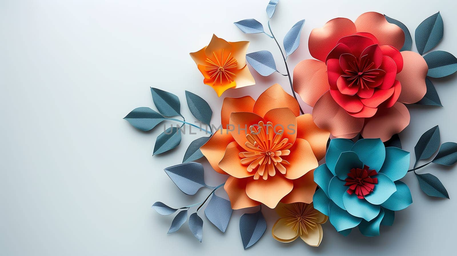 A collection of paper flowers are neatly arranged on a plain white surface. Each flower is uniquely handcrafted with colorful paper petals. The flowers are various sizes and shapes, creating a visually appealing display.