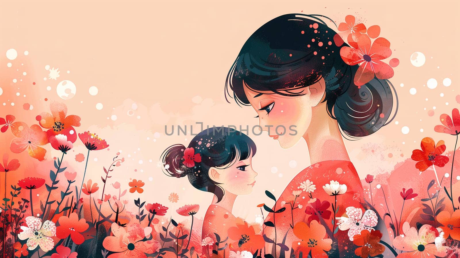 A painting depicting a woman and a child standing in a vibrant field of colorful wildflowers. The woman is holding the childs hand, looking down at them with a gentle expression. The child is gazing up at their mother with a sense of trust and security.