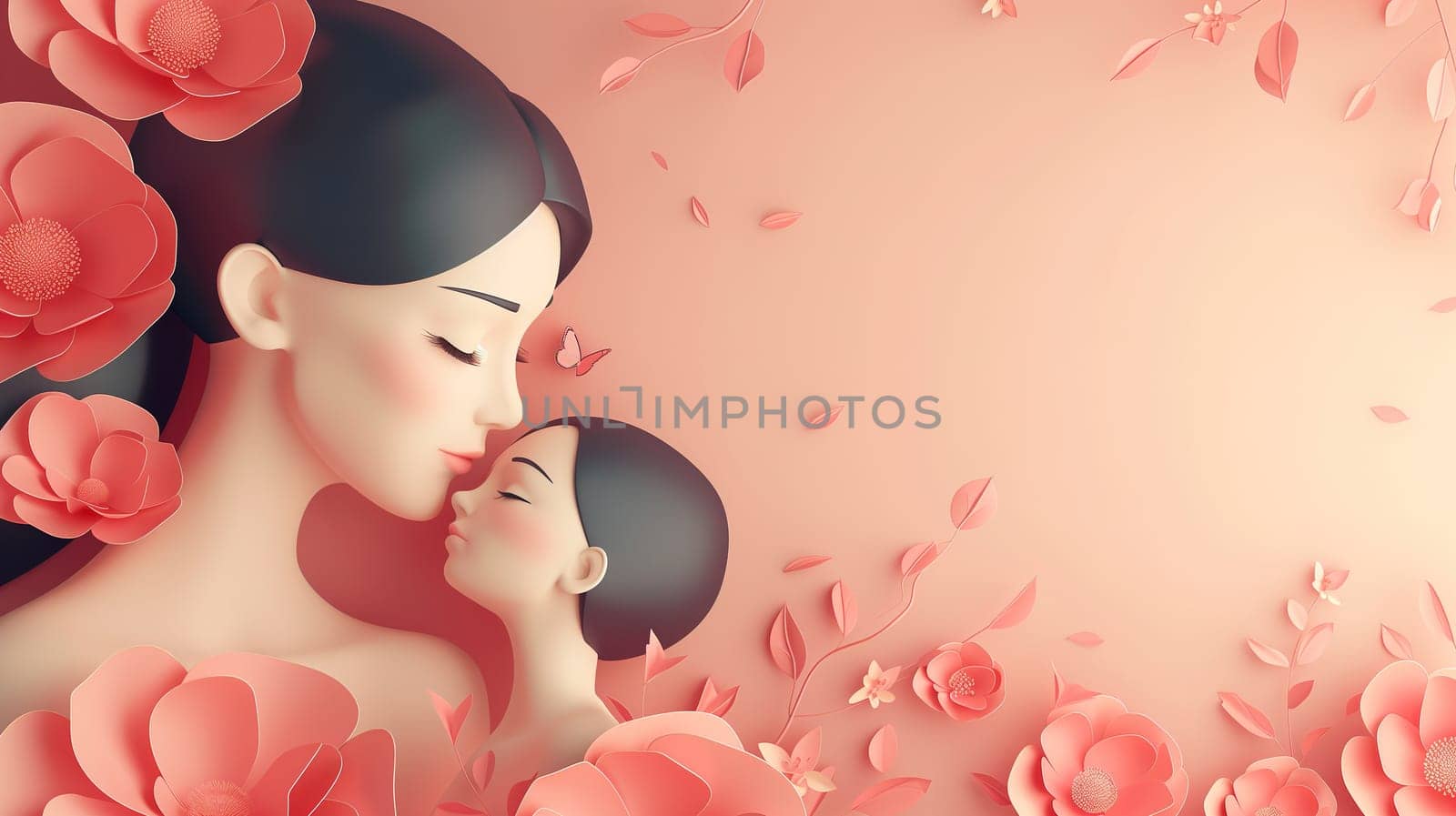 Woman Holding Child Surrounded by Pink Flowers by TRMK