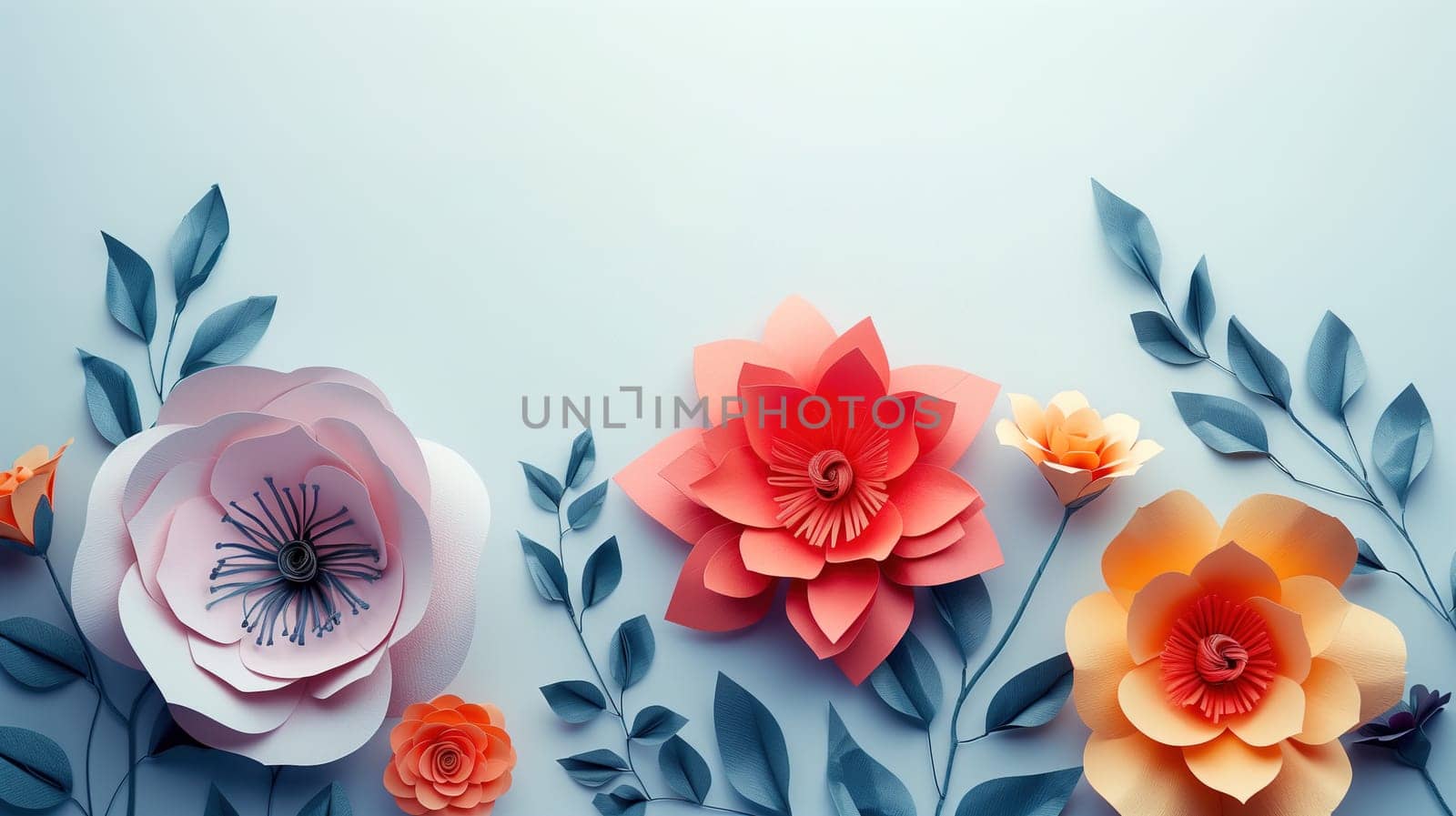 Three Paper Flowers With Leaves on a Blue Background by TRMK