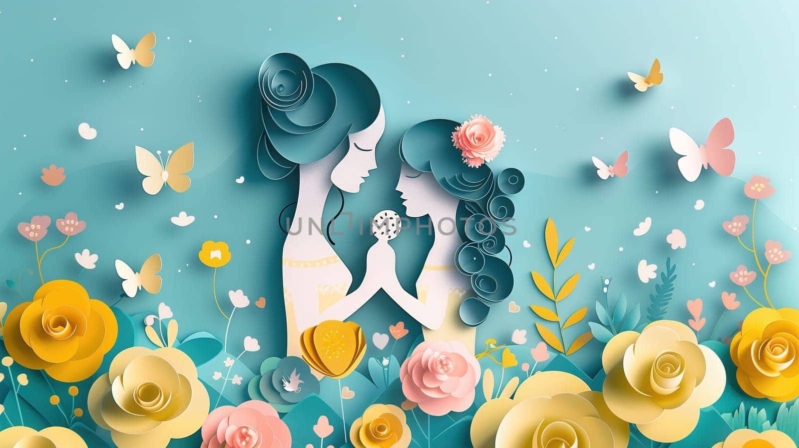 A paper cut showing a couple sharing a kiss amidst a vibrant field of colorful flowers. The intricate details capture the romantic moment in a whimsical setting.