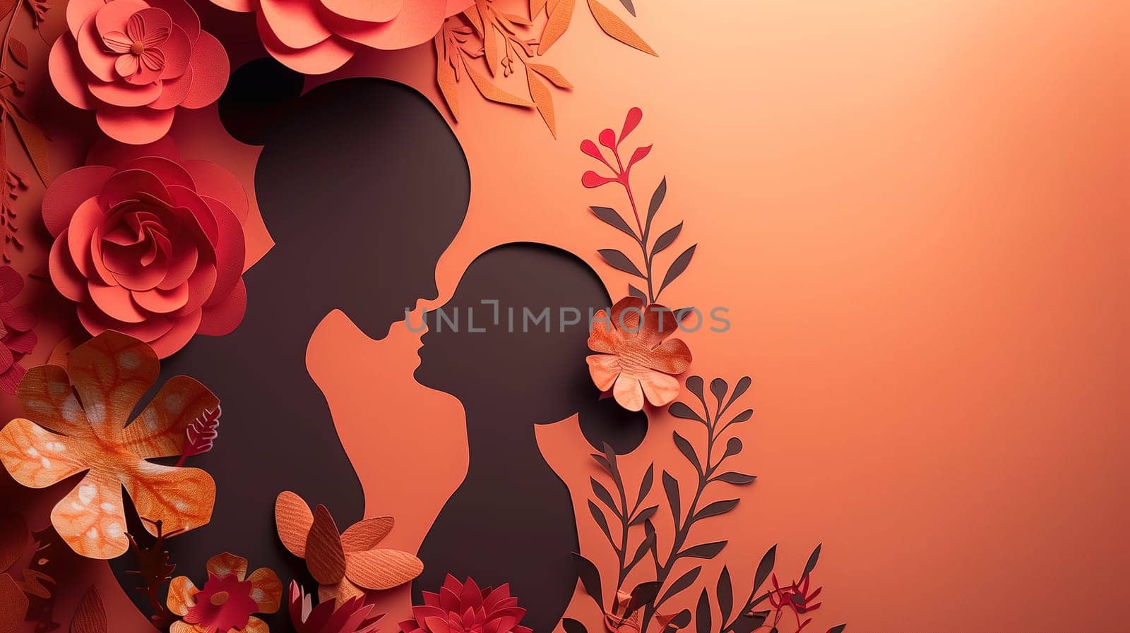 A paper cut artwork featuring a couple standing together surrounded by delicate paper flowers. The intricate design portrays love and nature in a unique way.