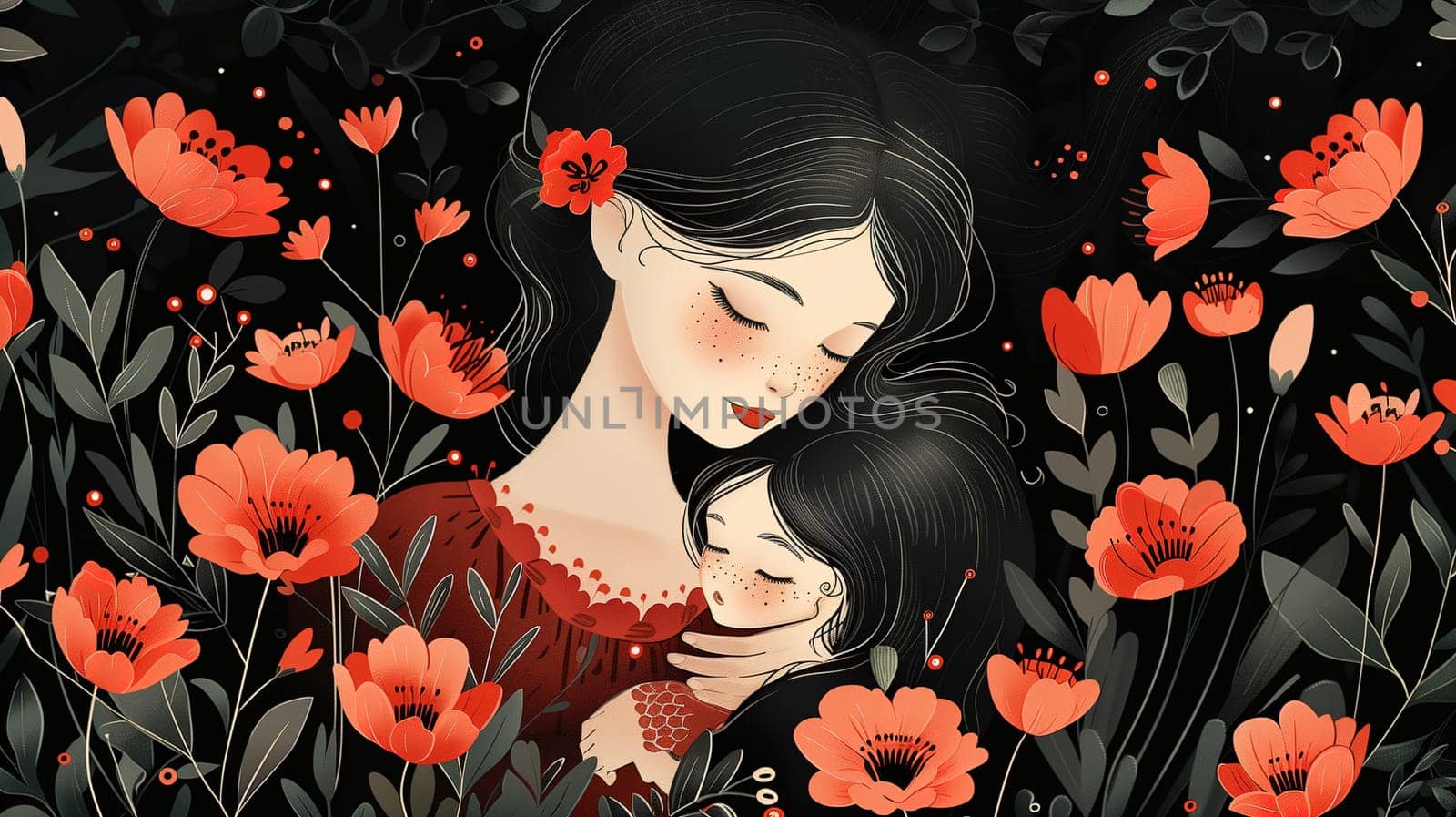 Mother Holding Child in Field of Flowers by TRMK