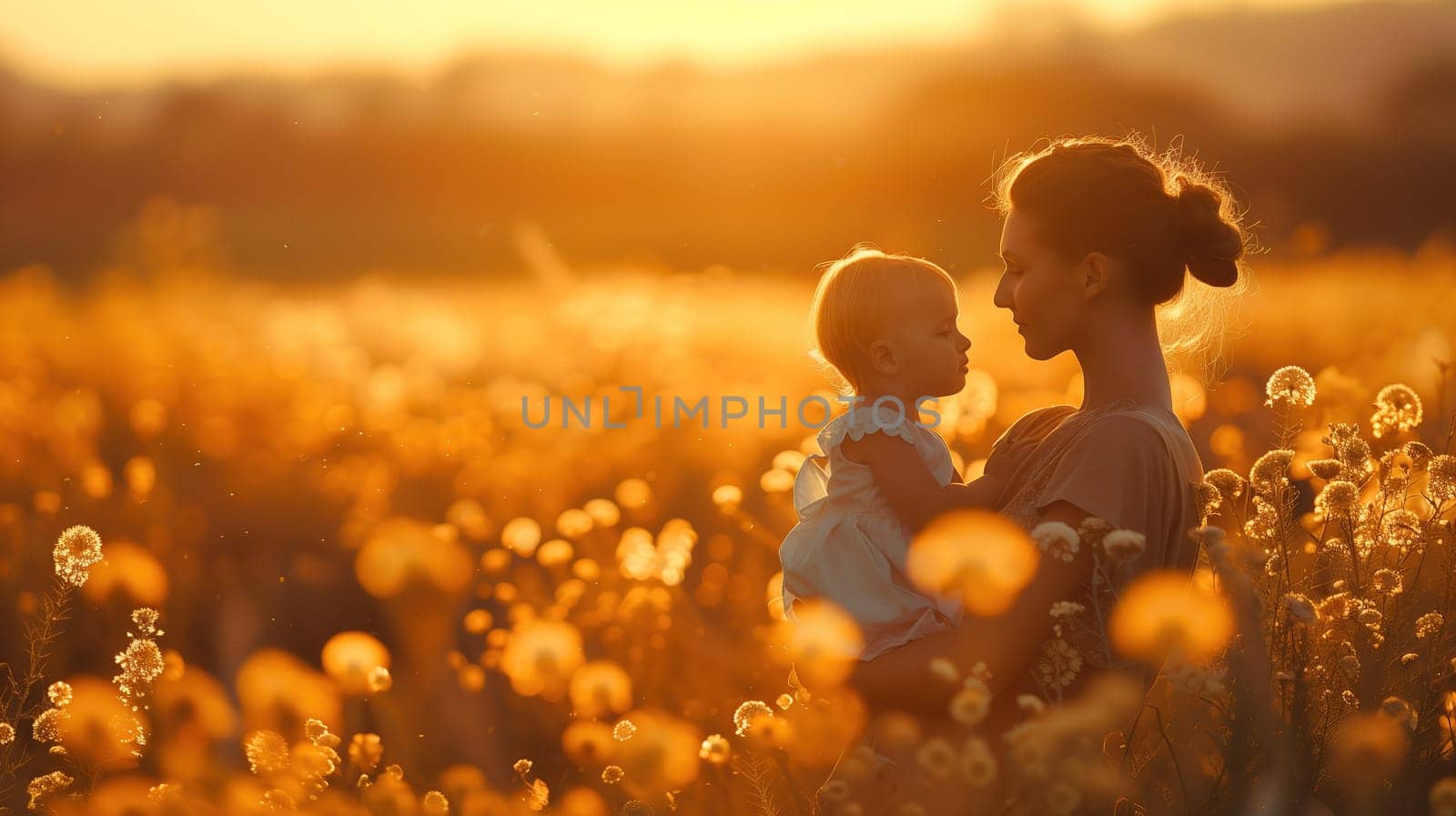 A woman and a child are standing in a field filled with yellow dandelion flowers. The woman is holding the childs hand as they both gaze at the vast expanse of flowers.