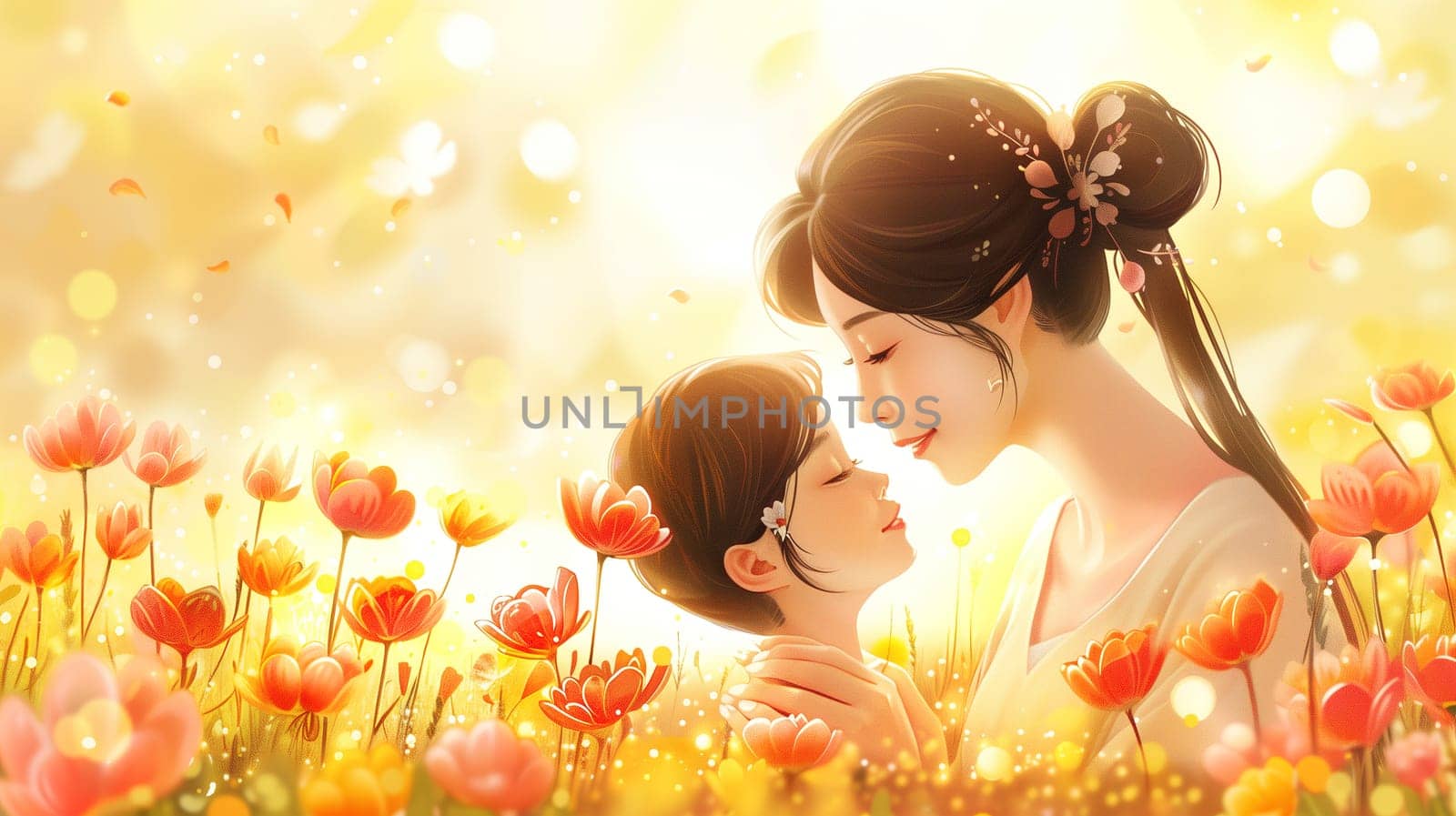 A woman standing in a field of colorful flowers, holding a young child in her arms. The child is looking up at the woman, both surrounded by a carpet of vibrant blooms.