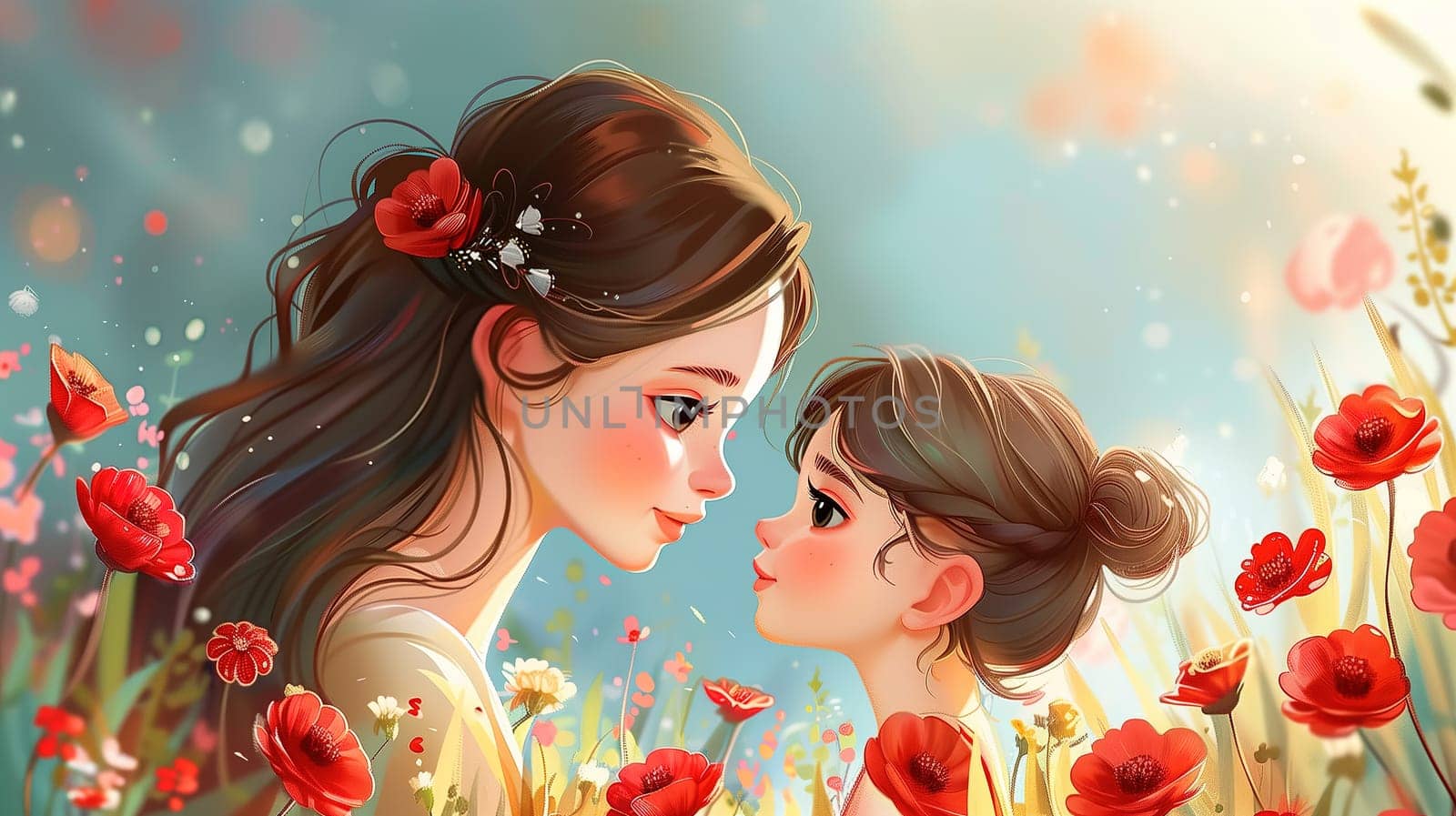 A painting depicting two girls standing in a vibrant field of colorful flowers, surrounded by a sea of petals and green foliage. The girls seem to be enjoying the nature around them, with one holding a bouquet of flowers.
