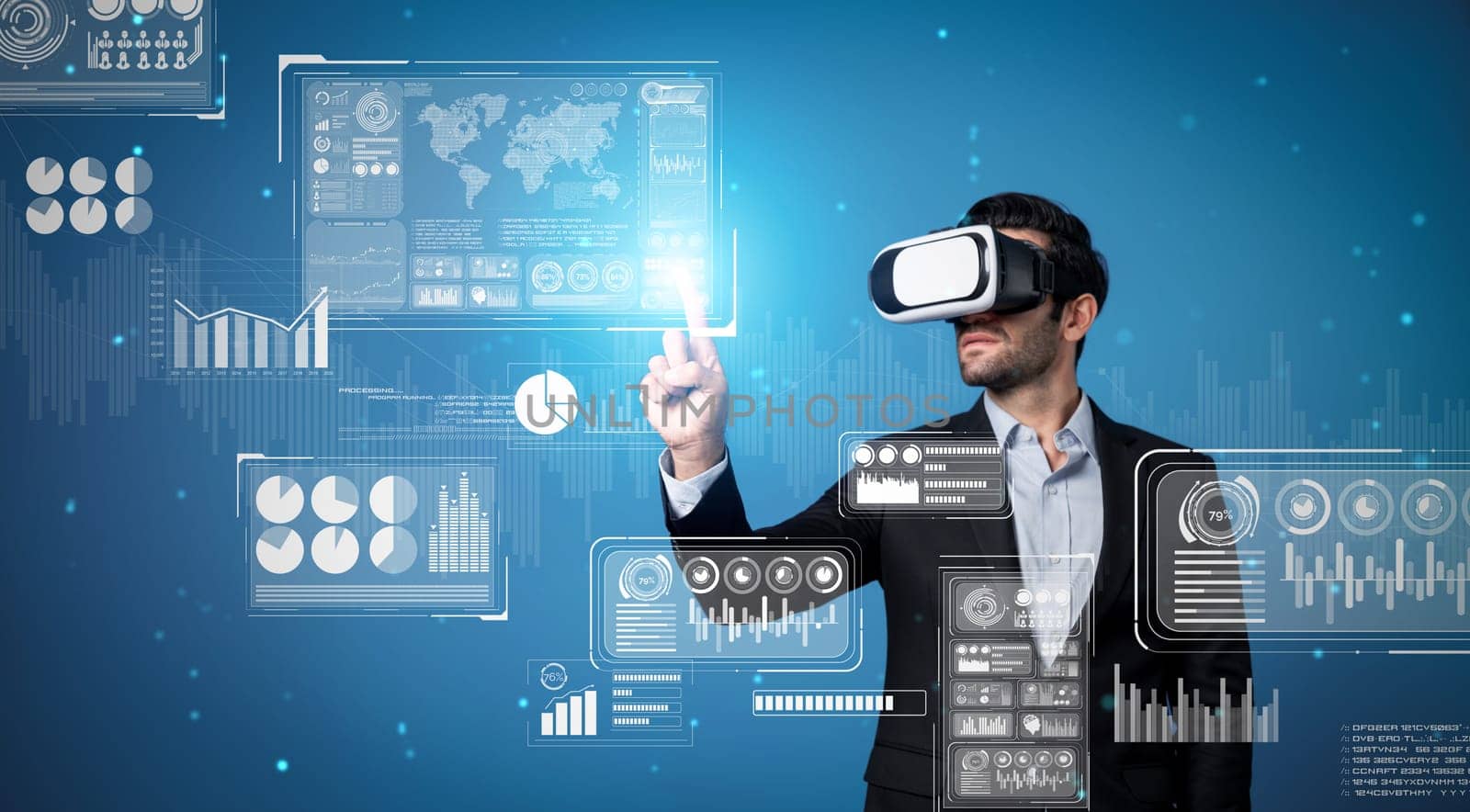 Skilled business man looking data analysis while planning strategy by using visual reality glasses. Professional smart investor checking financial graph holographic while wearing VR goggle. Deviation.
