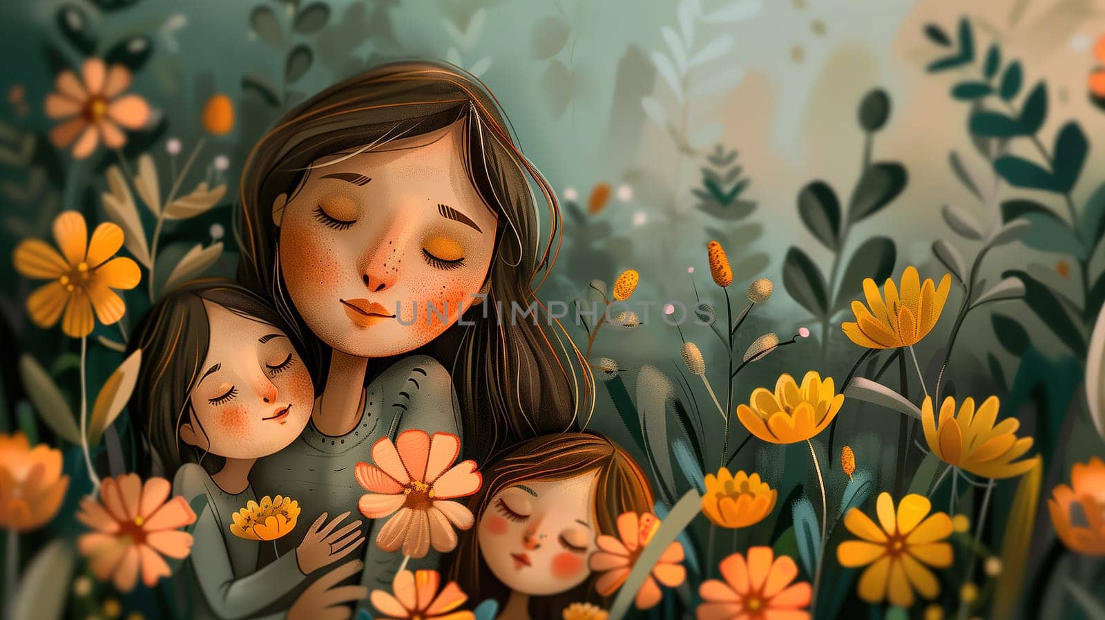 Mother and Two Children in Field of Flowers by TRMK