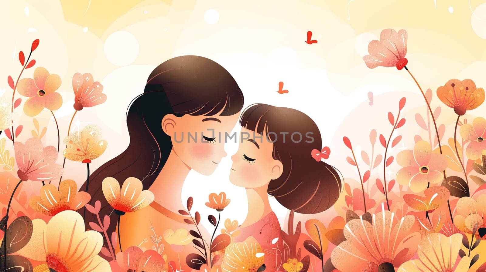 A mother and her daughter are standing together in a field filled with colorful flowers, enjoying the beauty of nature around them. The two are sharing a special moment surrounded by the vibrant blooms.