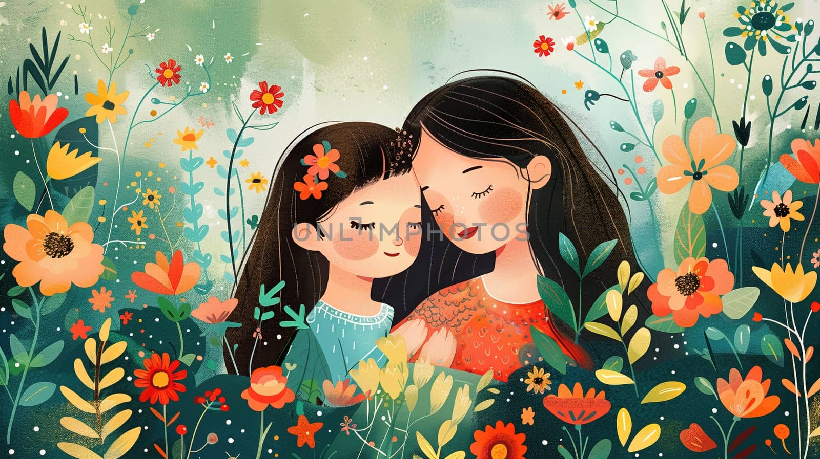 Two young girls are standing in a vibrant field of colorful flowers, enjoying the beauty of nature surrounding them.