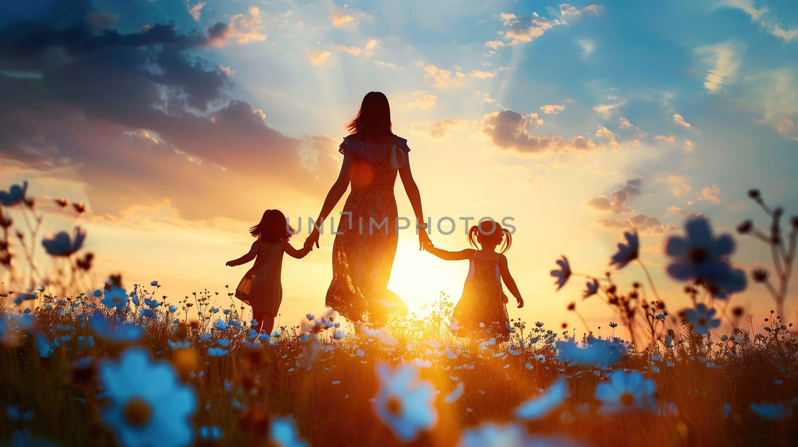 A woman and two children are walking through a field on International Mothers Day, enjoying the outdoors together. The woman leads the way, with the children following closely behind, surrounded by tall grass and wildflowers.