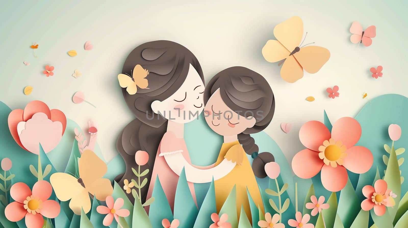 Two women embrace each other in the midst of a vibrant field of blooming flowers. Their arms are wrapped around each other, showing a warm display of affection and connection.
