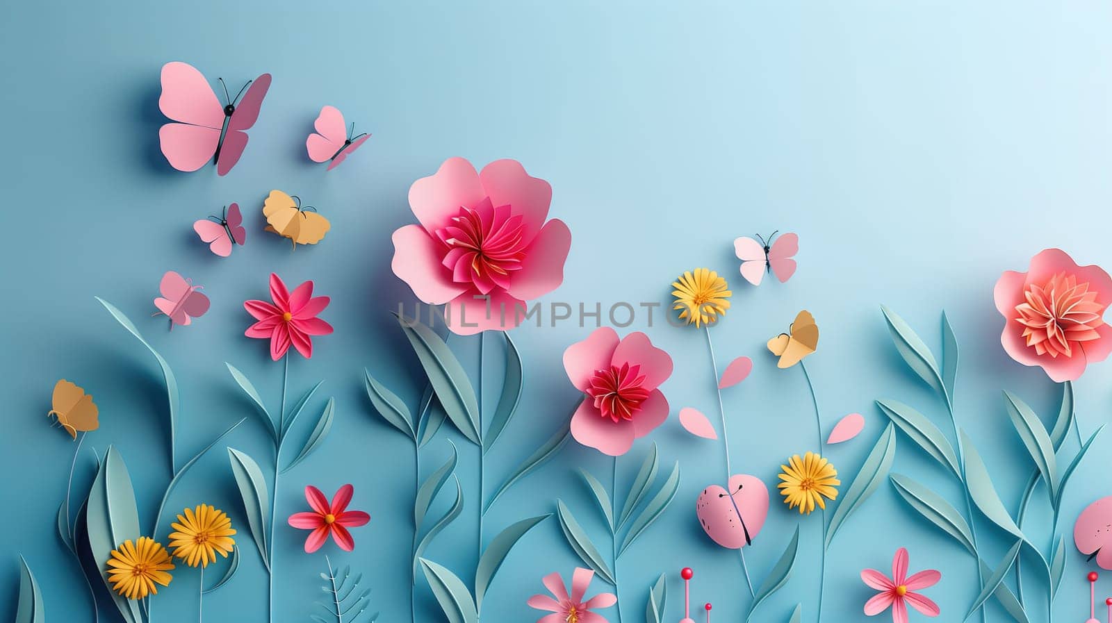 Colorful paper flowers and delicate butterflies are arranged on a vibrant blue background. The flowers are meticulously crafted with intricate details, creating a lively and cheerful scene.