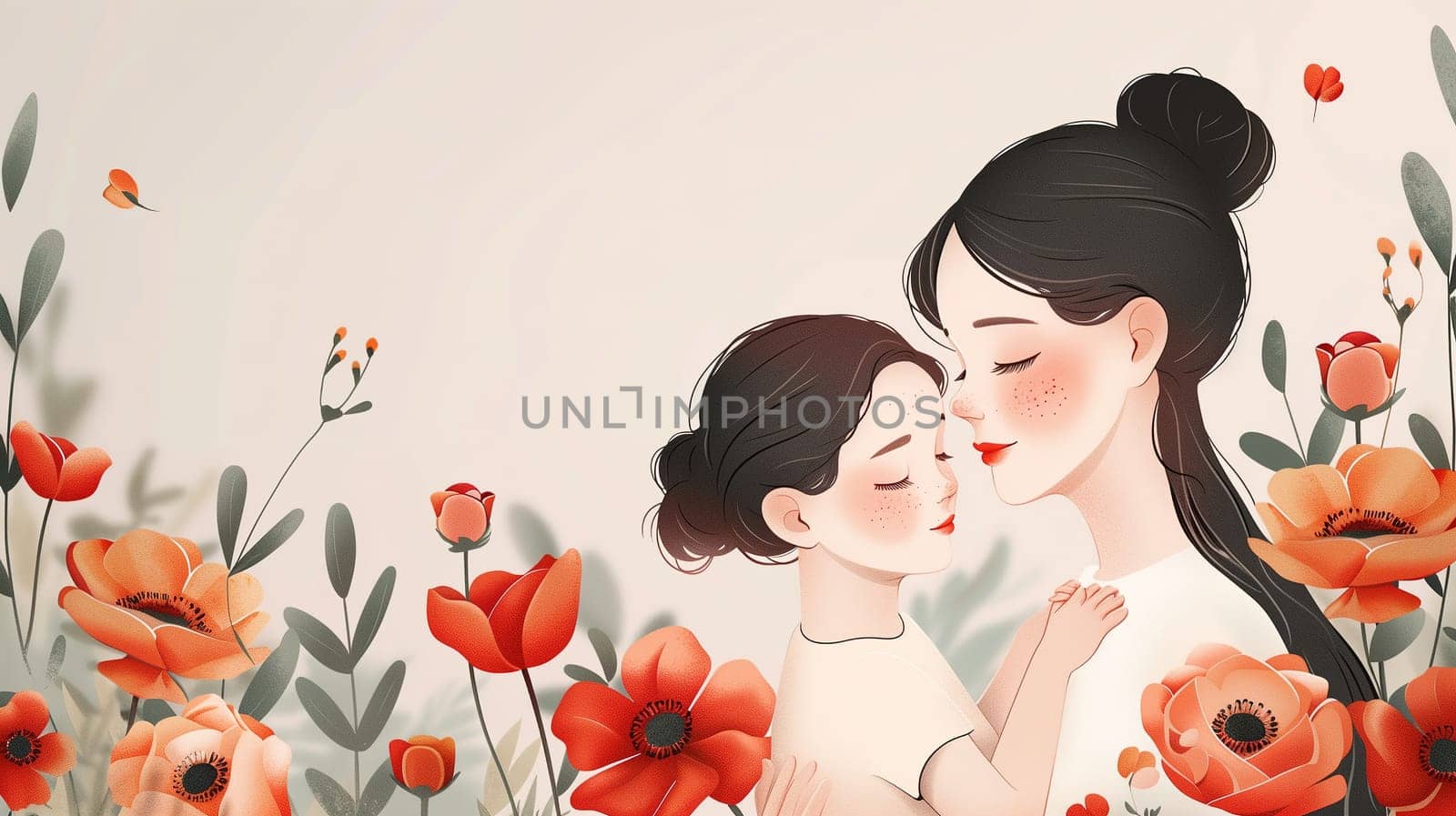 Woman and Child Standing in Field of Flowers by TRMK