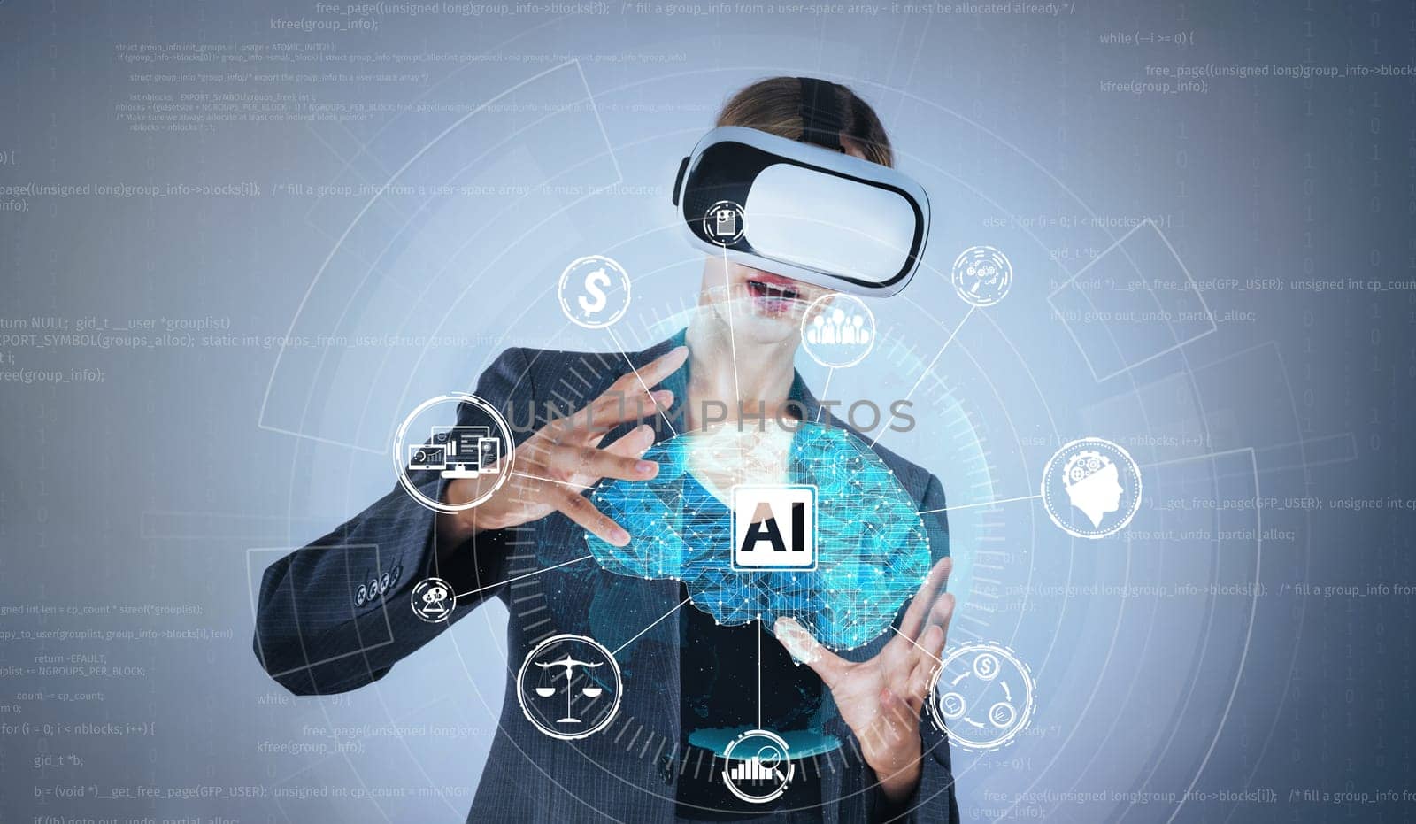 Businesswoman using AI generated while looking at holographic icon. Skilled project manager pointing at coding engineering prompt and programing system while standing at gray background. Contraption.