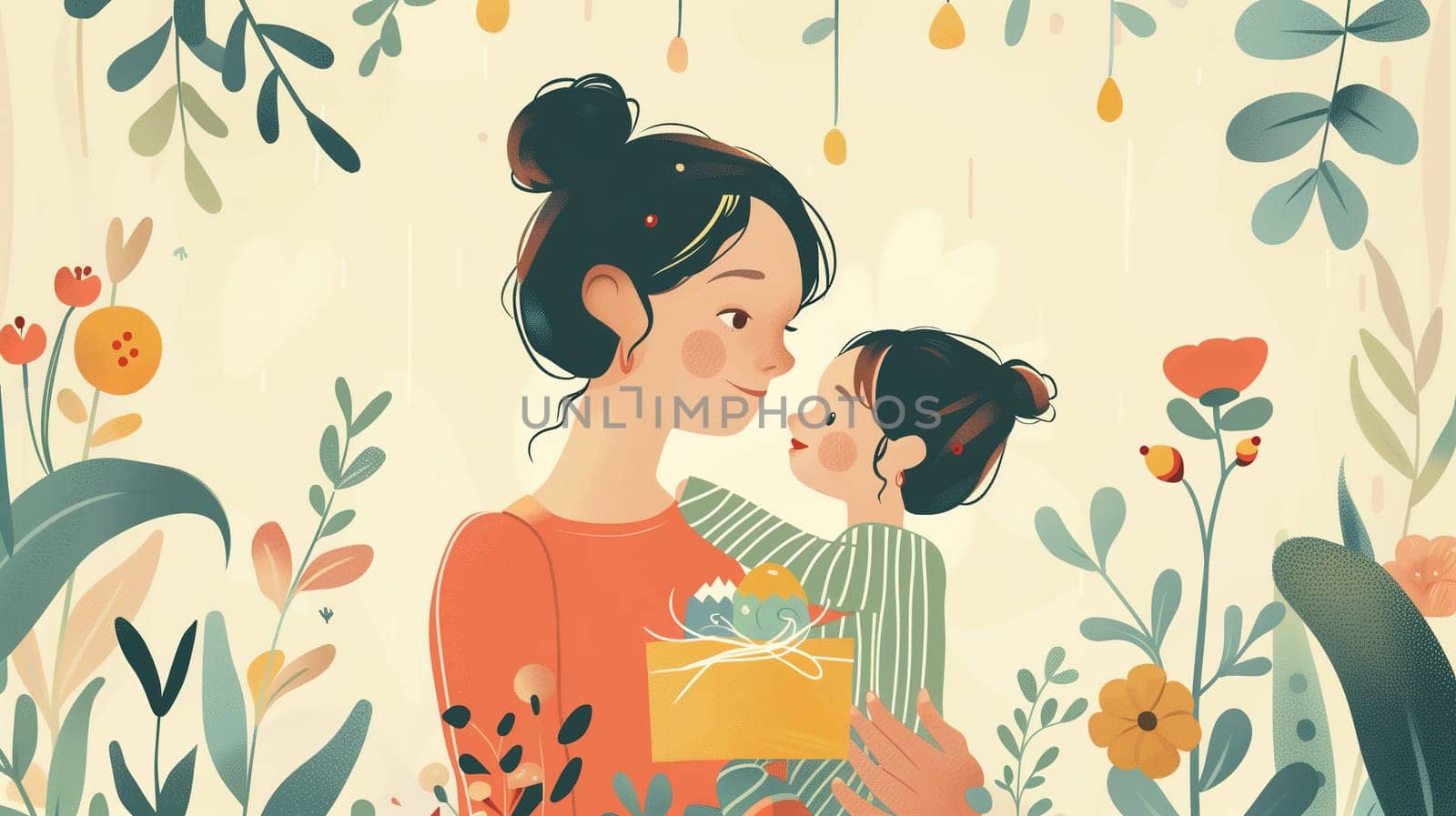 A painting depicting a woman lovingly holding a child in her arms. The womans expression conveys maternal affection and care, while the child looks content and secure. The setting appears to be intimate and personal, emphasizing the bond between mother and child.