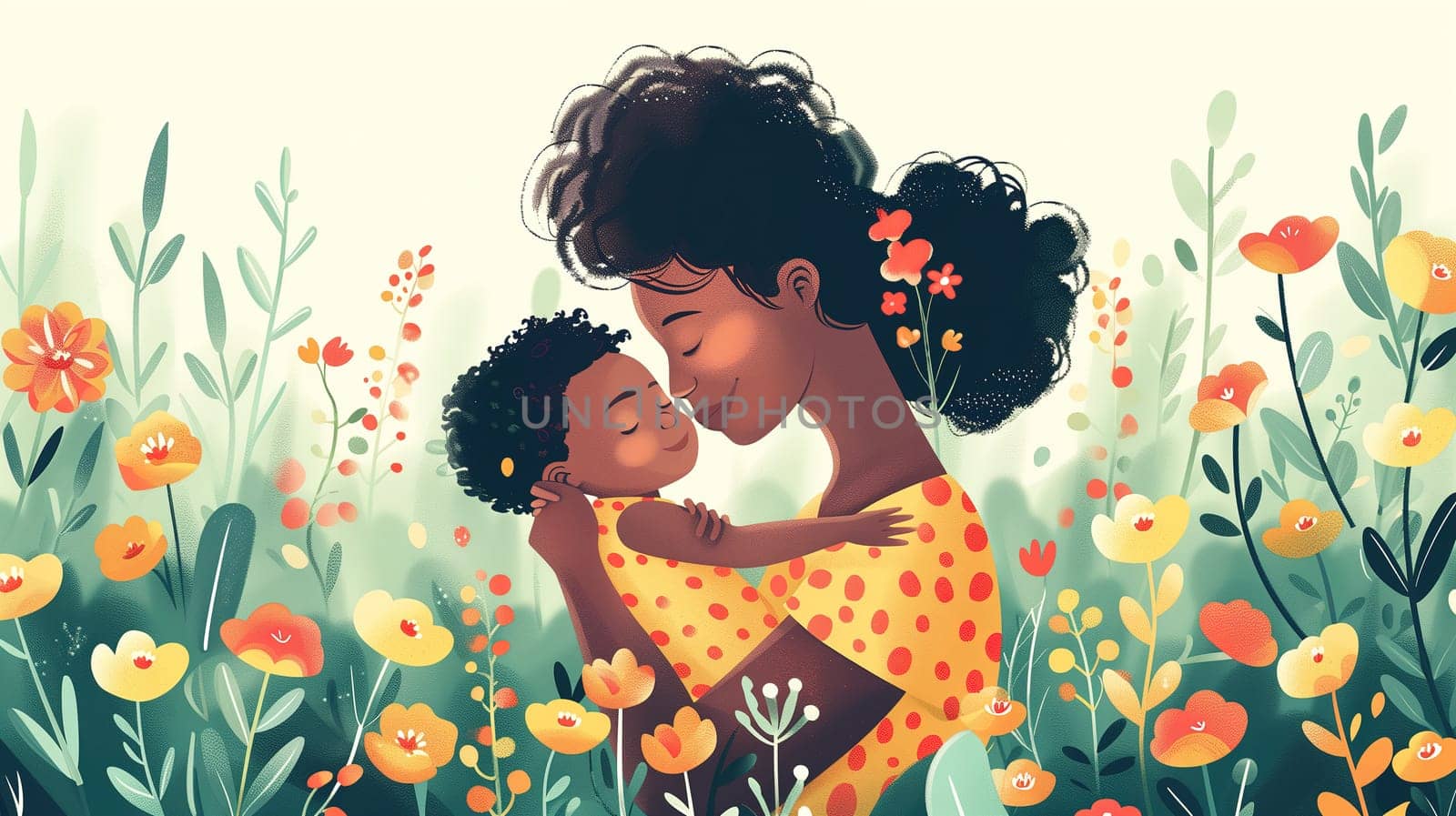 A woman is standing in a field of colorful flowers, holding a small child in her arms. The sun shines brightly overhead as they enjoy the beauty of nature together.