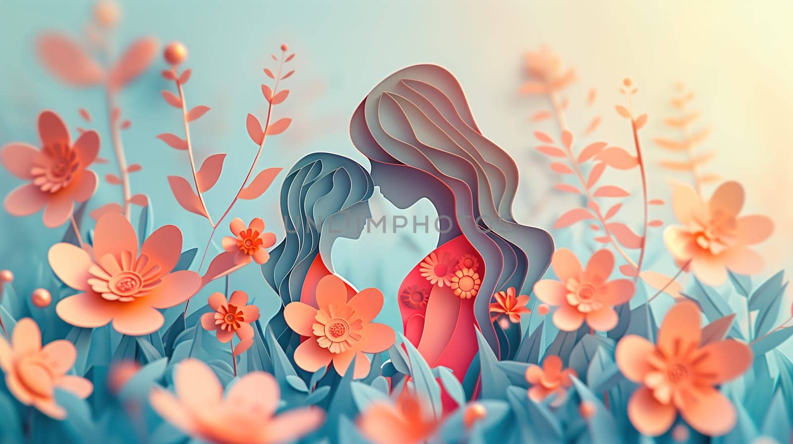Two women are depicted standing in a vibrant field of colorful flowers. They are surrounded by a variety of blooms, creating a picturesque scene.