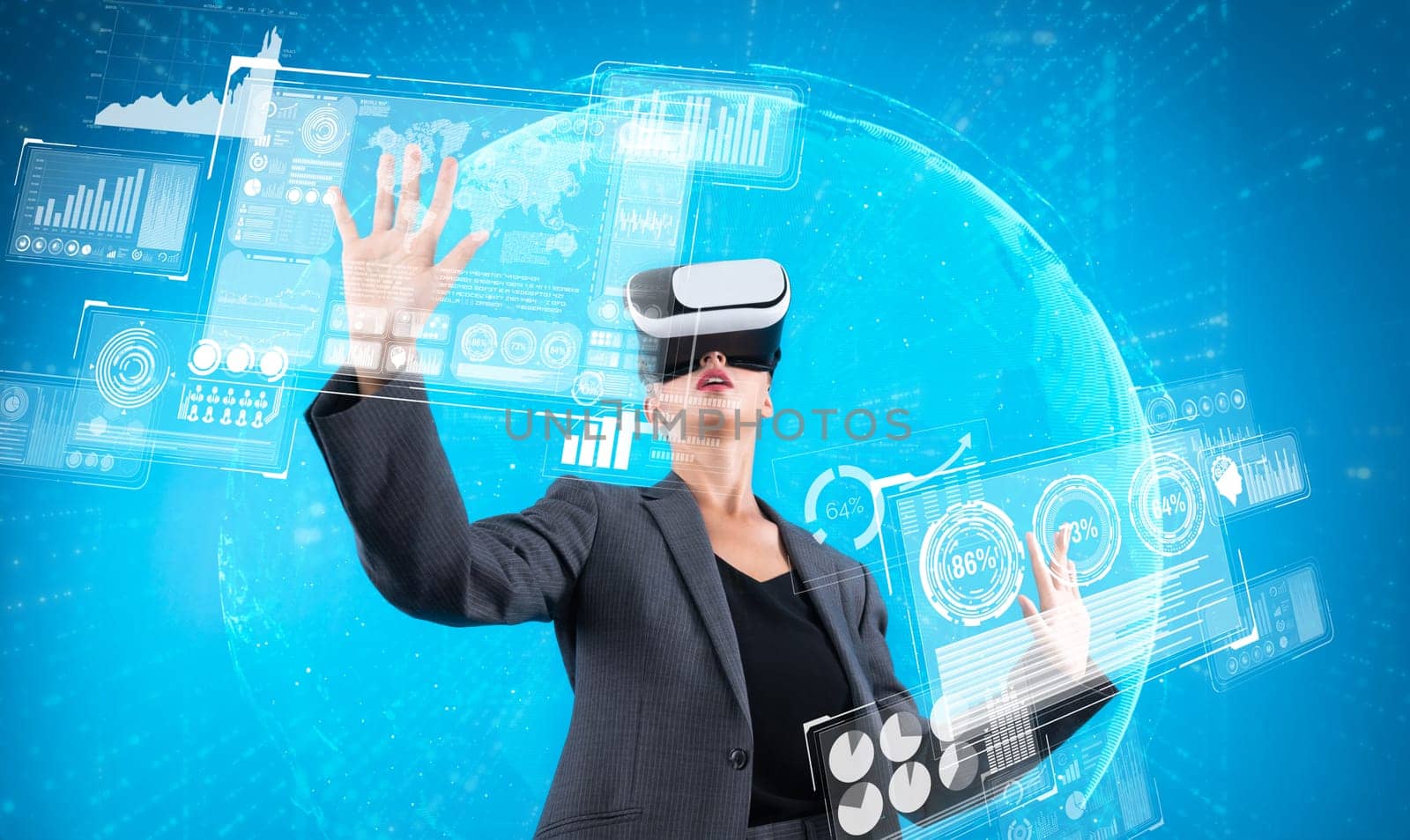 Caucasian business woman using VR goggle to look at financial data analysis while standing at hologram marketing strategy holographic. Smart project manager looking at stock market chart. Contraption.