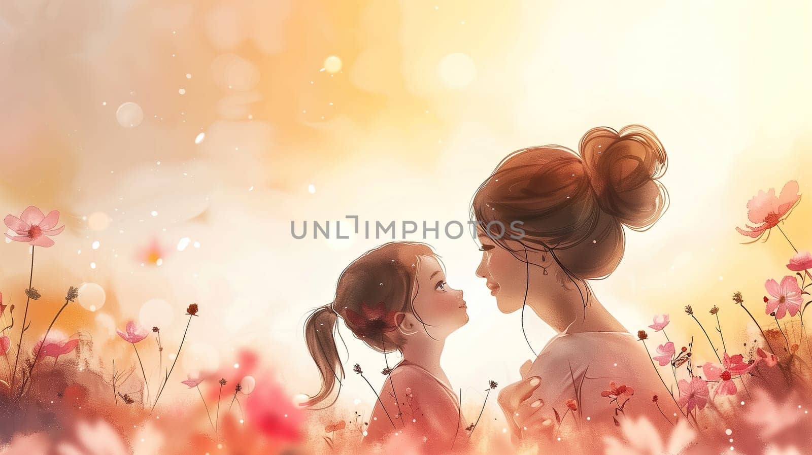 A mother and her daughter are standing together in a vibrant field filled with colorful flowers. The two are surrounded by the beauty of nature as they share a special moment together on International Mothers Day.