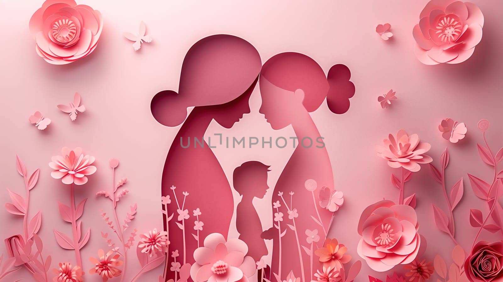 A paper cut depicting a mother and child standing in a field of colorful flowers. The intricate artwork shows the bond between the two figures as they are surrounded by natures beauty.