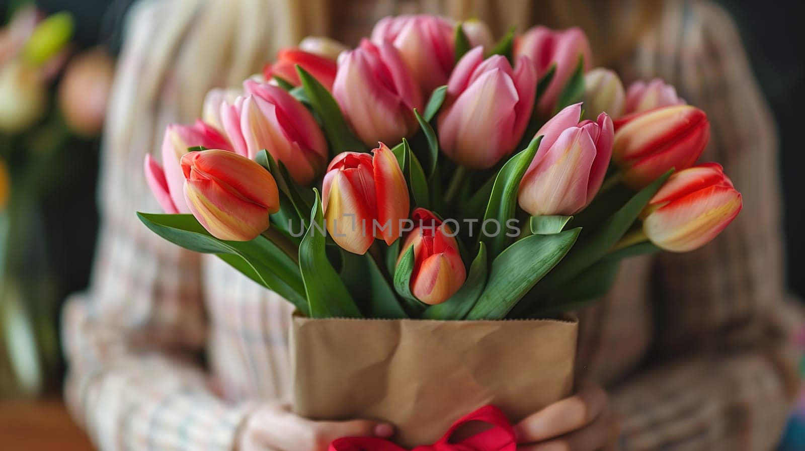A persons hands holding a vibrant bouquet of tulips, showcasing the colorful flowers with green stems in a close-up view. The individual delicately grasps the bouquet, highlighting the beauty of the fresh tulips.