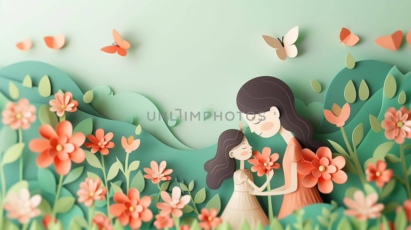 A woman tenderly holds a child in a vibrant field of colorful flowers, surrounded by natures beauty on a sunny day. The child looks up at the woman with a smile, creating a heartwarming scene.