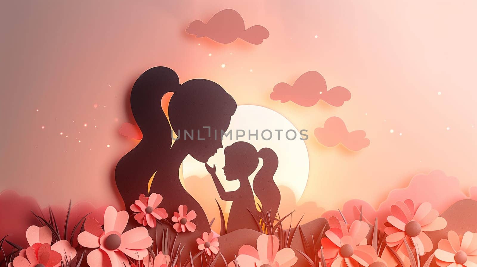 A silhouette of a mother and her child standing amidst a beautiful field of vibrant flowers, with the sun setting in the background. The mother gently holds the childs hand as they enjoy a peaceful moment together in nature.