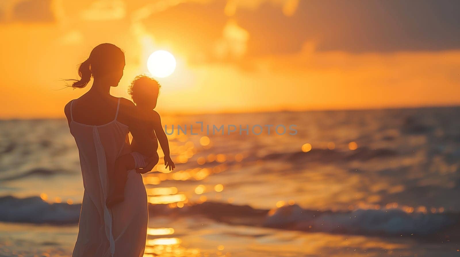 A woman is standing on the beach at sunset, holding a baby in her arms. The golden light of the setting sun casts a warm glow over the scene as they enjoy a moment together by the ocean.