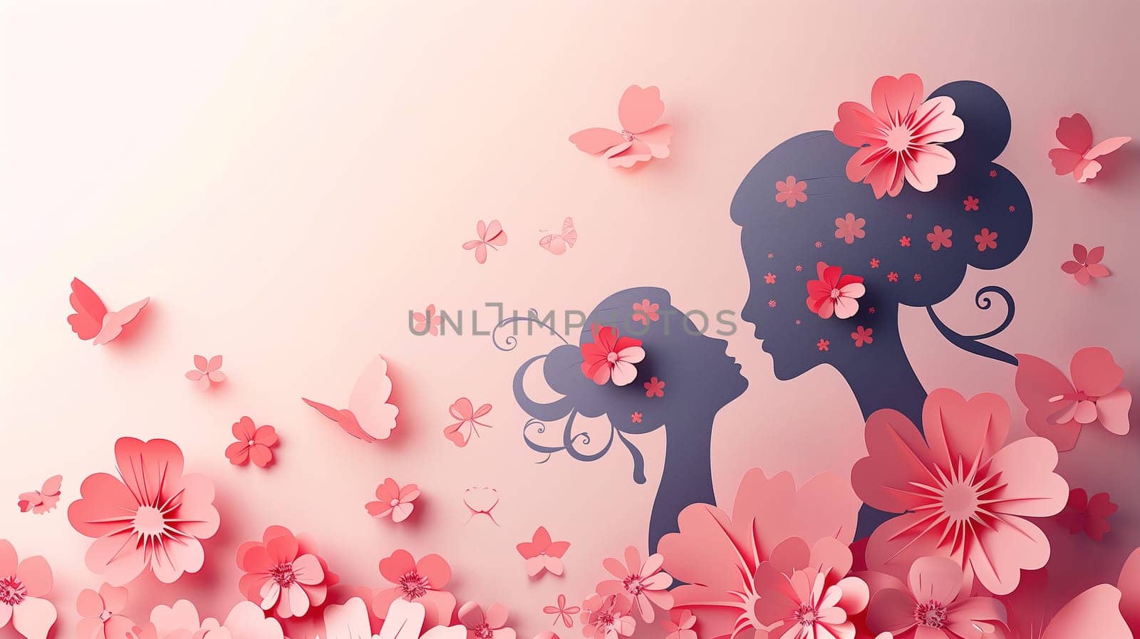 Womans Profile Surrounded by Pink Flowers and Butterflies by TRMK