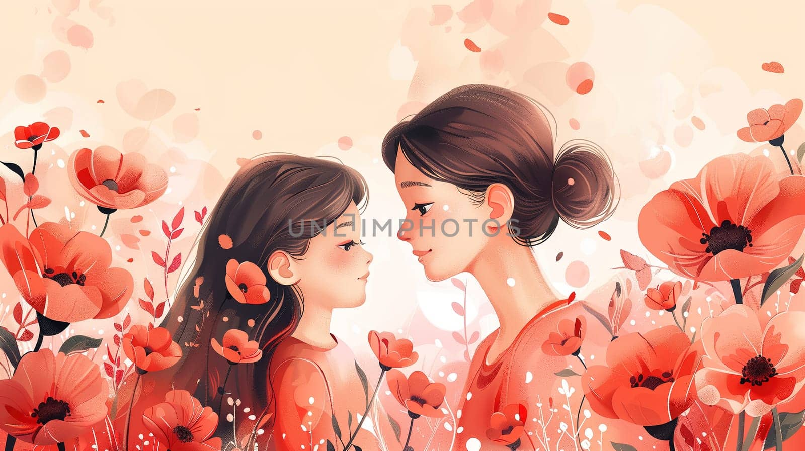 Two young girls are standing amidst a field of vibrant red flowers. They are gazing at the surroundings, enjoying the beauty of the blooming flowers.