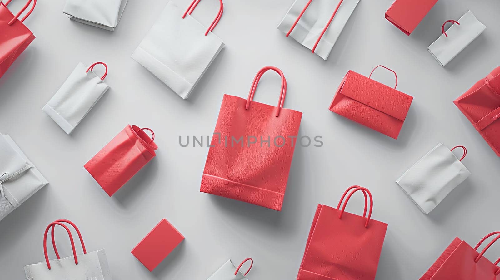 A group of red and white bags are neatly arranged on a table, possibly symbolizing a sale or Black Friday event. The bags appear to be in various sizes and styles, creating a visually striking display.