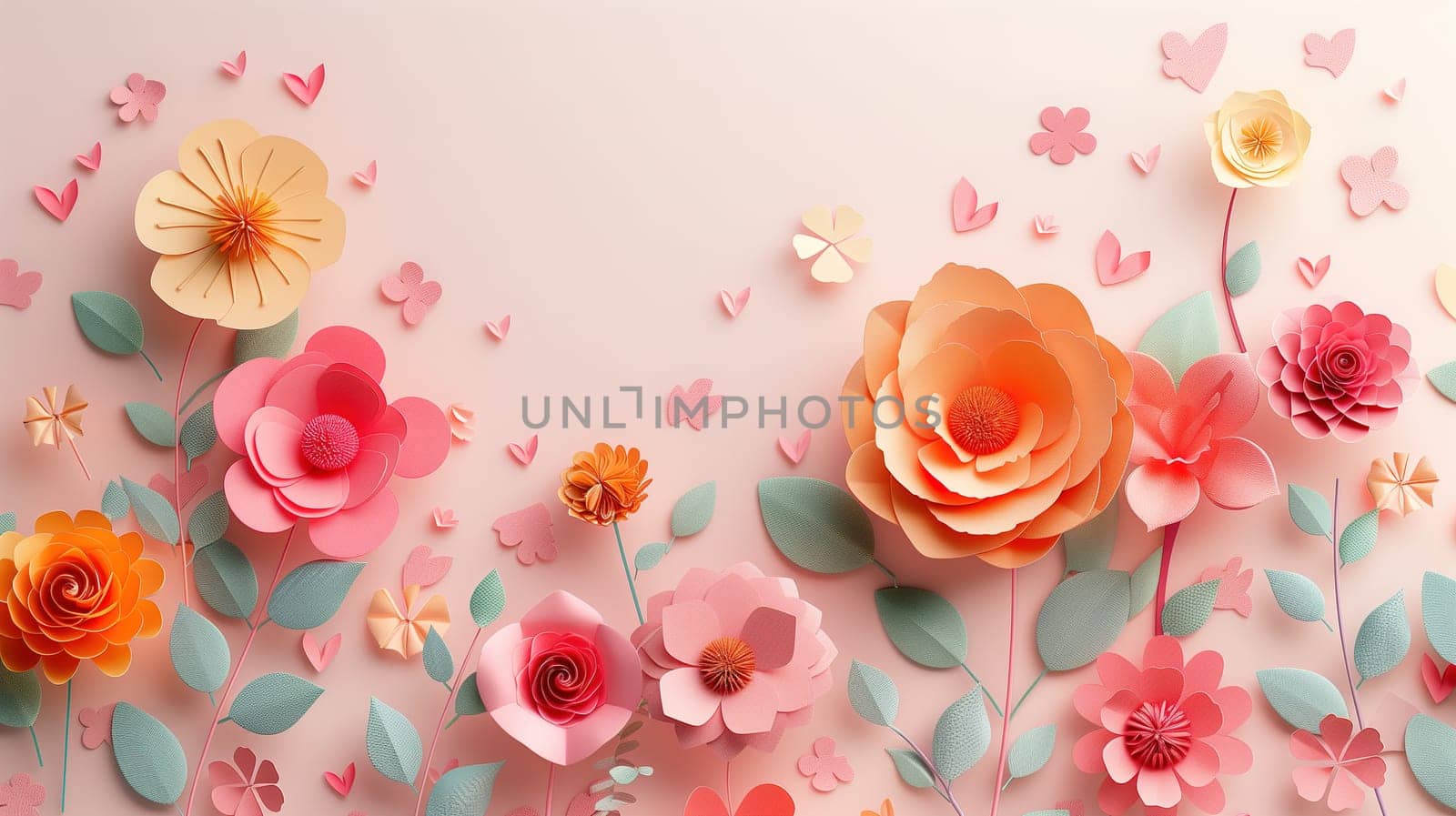 Colorful paper flowers and delicate butterflies are arranged on a soft pink background, creating a whimsical and festive display. The vibrant colors and intricate designs add a festive touch to the International Mothers Day concert.