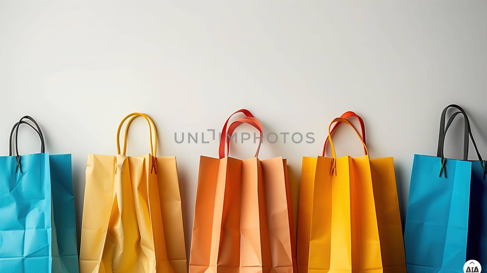 A row of vibrant shopping bags in various colors and sizes hanging neatly against a wall. The bags are displayed in a sale or Black Friday concept, ready to be filled with purchases.